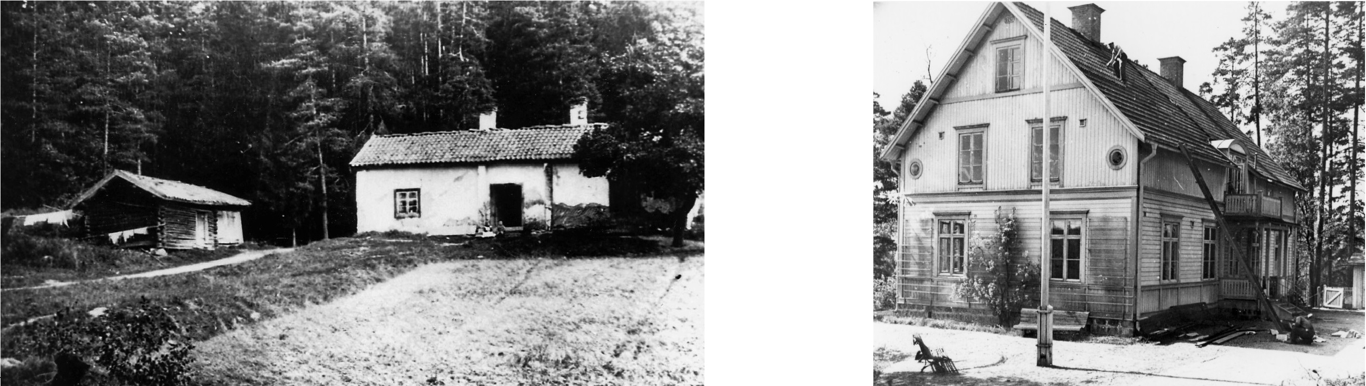 Fälleberg till vänster, revs när Fagersta stenskola byggdes 1909. foto 1903. Tallebo till höger, revs 1947