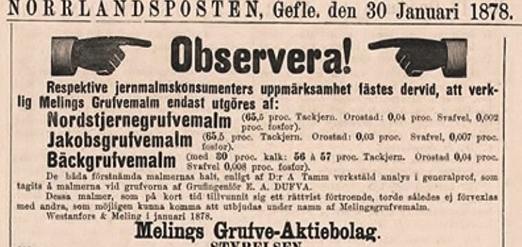 Annons för Melings Grufvemalm Norrlandsposten 30 jan 1878