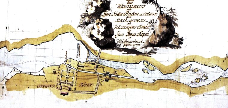 Fagersta herrgård på Johan Ulfströms ritning över Fagersta sluss 1774, foto på kartritning i Kanal museet av Göran Råberg