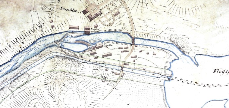 Karta över Semla Bruk, kanalen och forssområdet med hammare och herrgård krympt