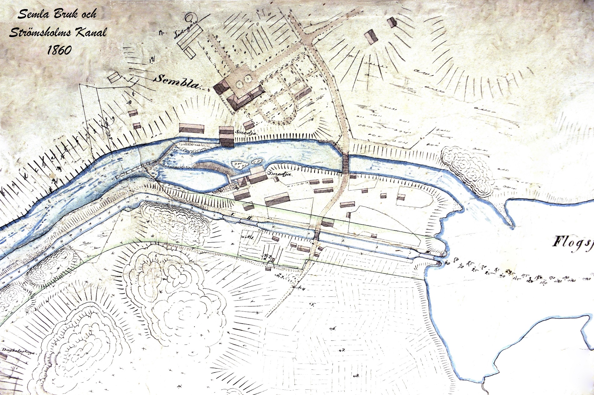 Karta över Semla Bruk, kanalen och forssområdet med hammare och herrgård