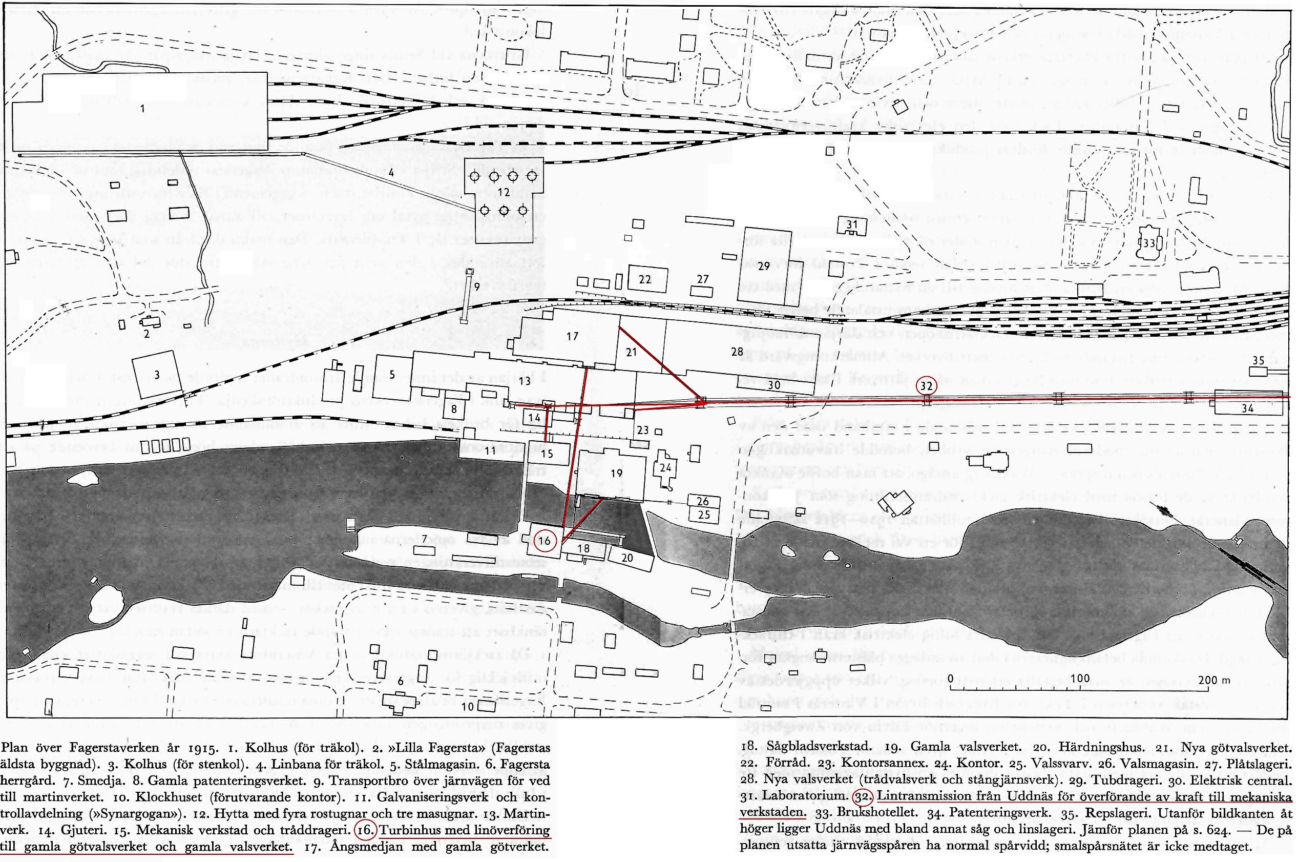 Plan över Fagersta verken 1915, lintransmissionen från Uddnäs och Holmen markerat med rött