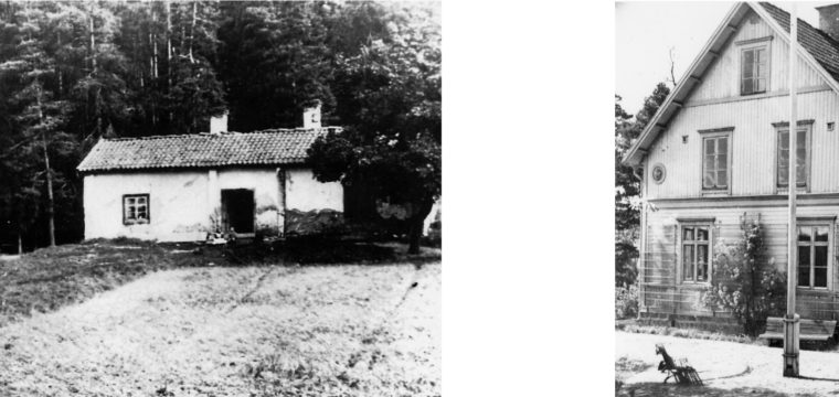 Fälleberg till vänster, revs när Fagersta stenskola byggdes 1909. foto 1903. Tallebo till höger, revs 1947