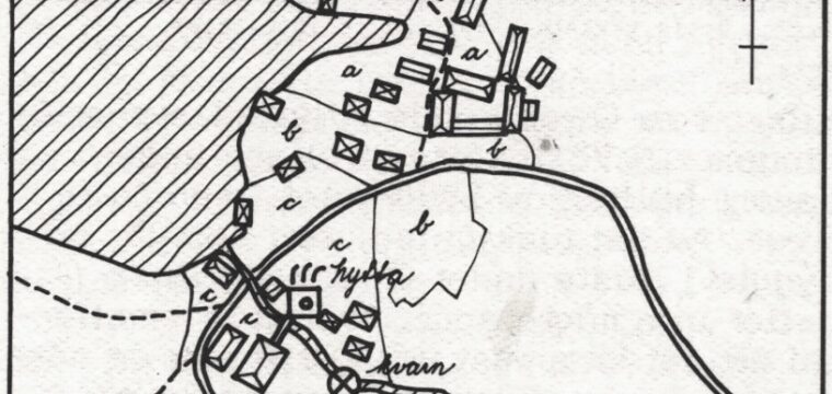 Efter Lantmäteriets storskifteskarta över Häste 1781. Gamla gården (a), nytillkomna gården (b) och hyttbacken (c). Källa Byar och bebyggelse i Norbergs kommun